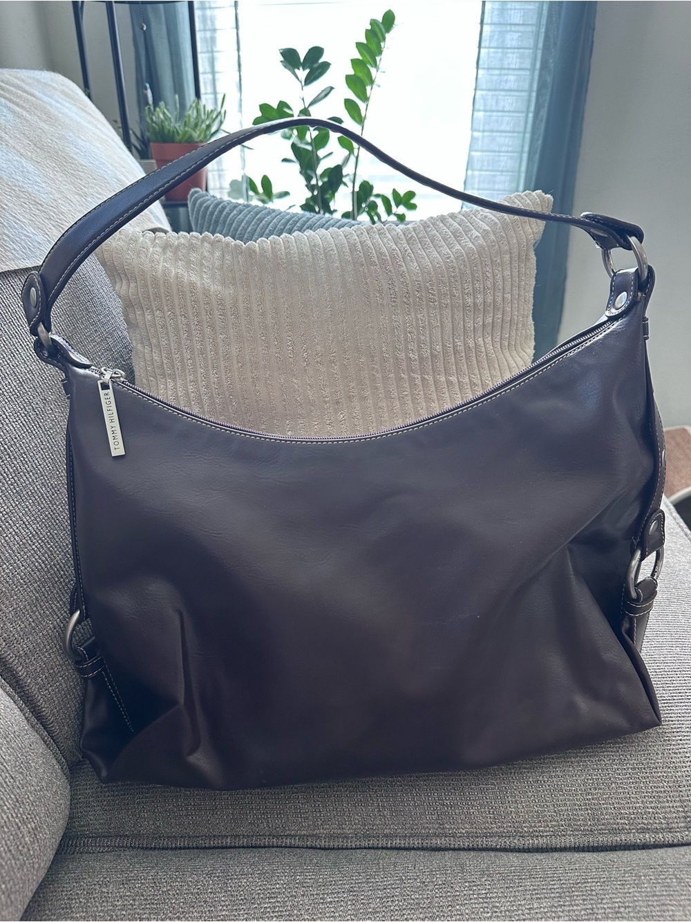 Vintage Tommy Hilfiger Brown Leather Hobo Bag Contrast Stitch Slouchy Y2K Purse